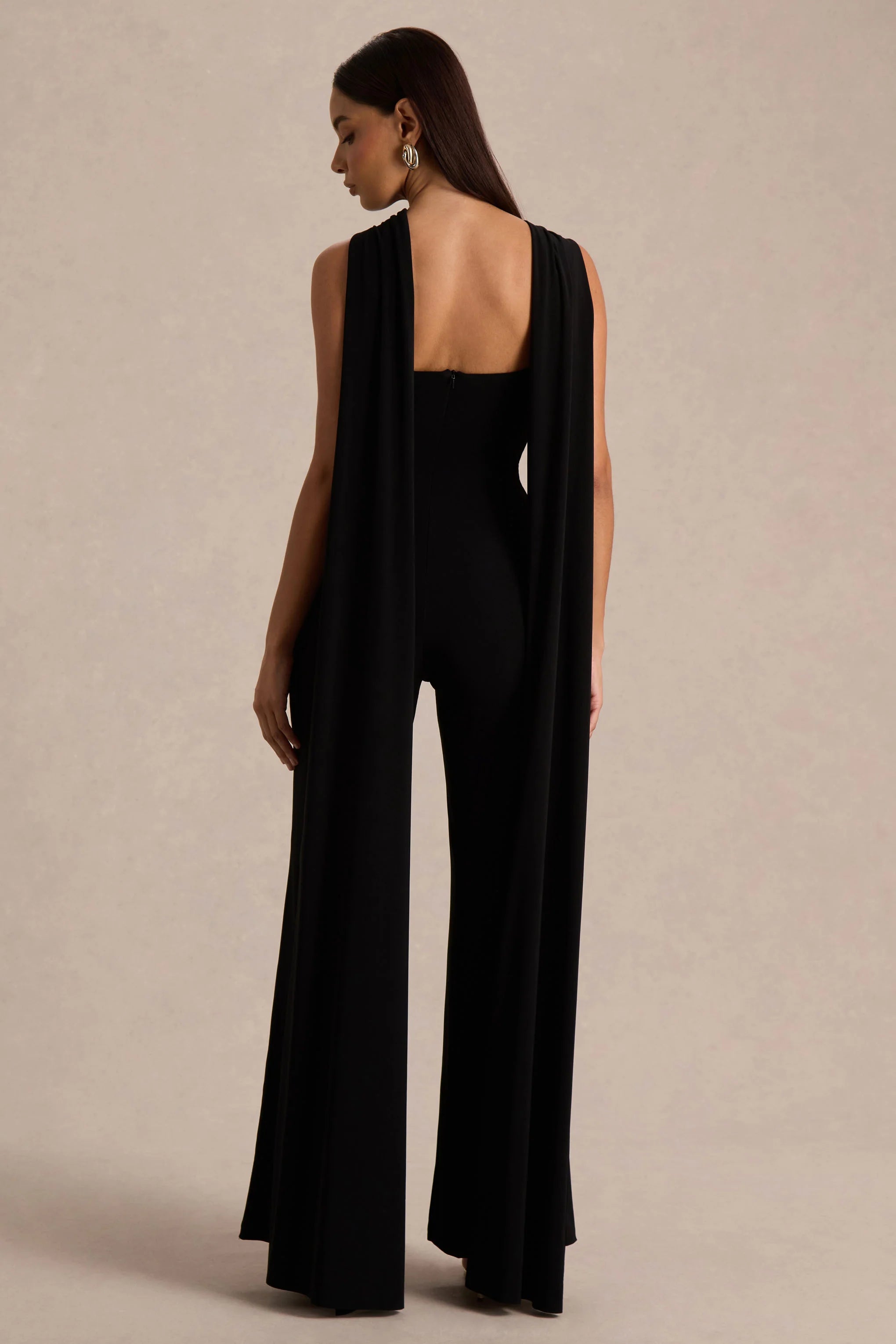 Mindy Black Twist Halter Neck Jumpsuit With Cape