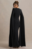 Claretta Black Square Neck Twisted Maxi Dress With Cape Sleeves