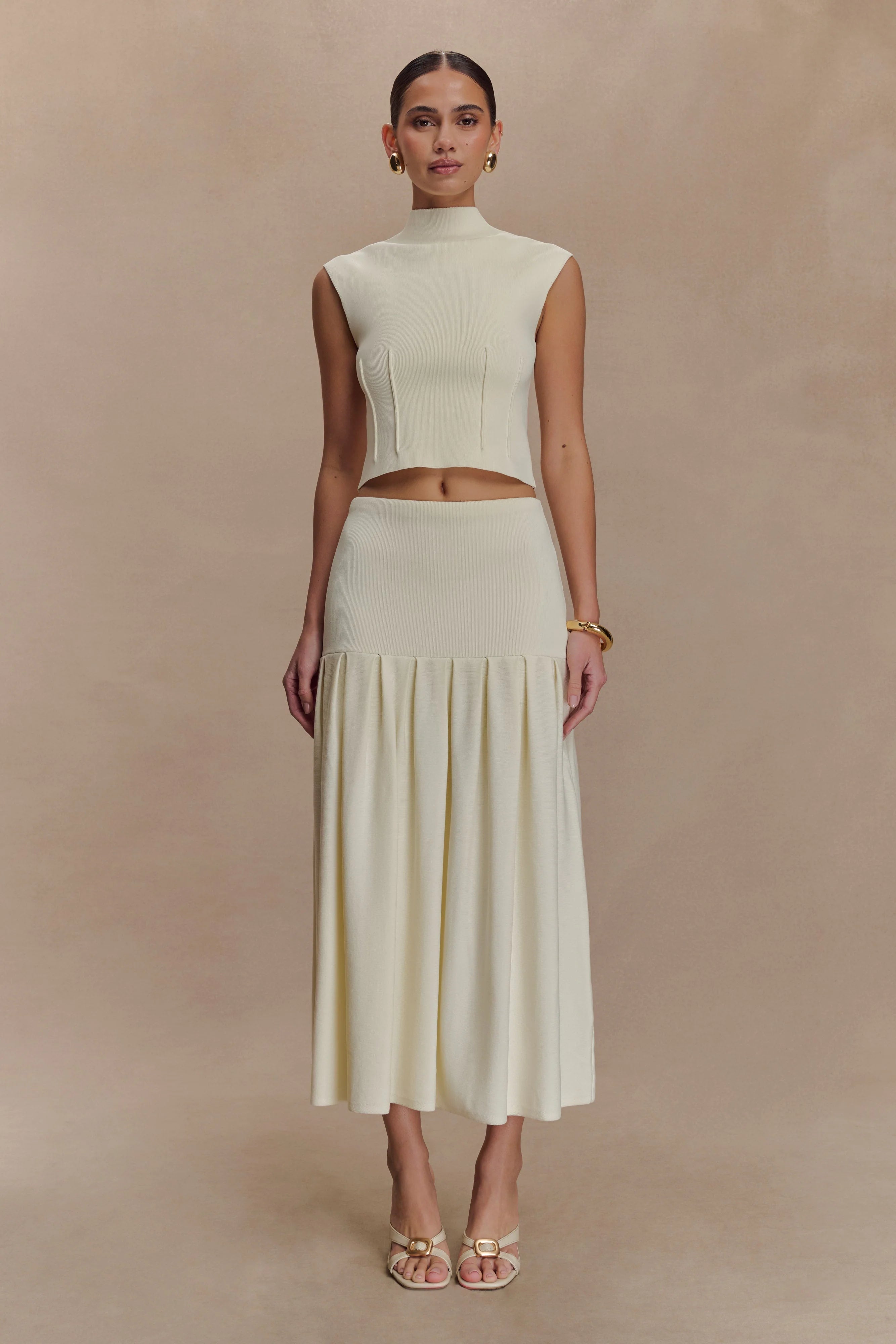 Romaine High Neck Bandage Knit Top Ivory