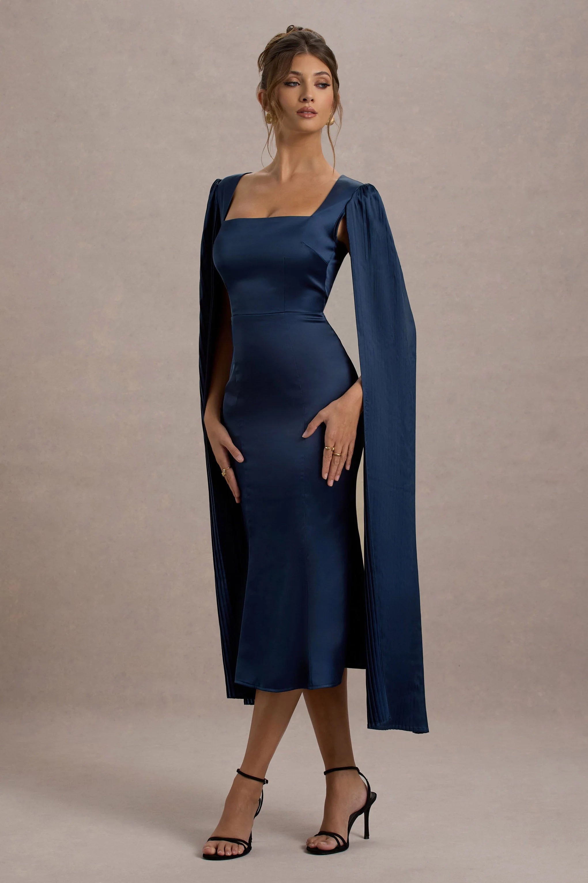 Nalda Navy Square Neck Midi Dress With Cape Sleeves