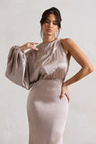 Nola Taupe Satin One Sleeve Midi Dress