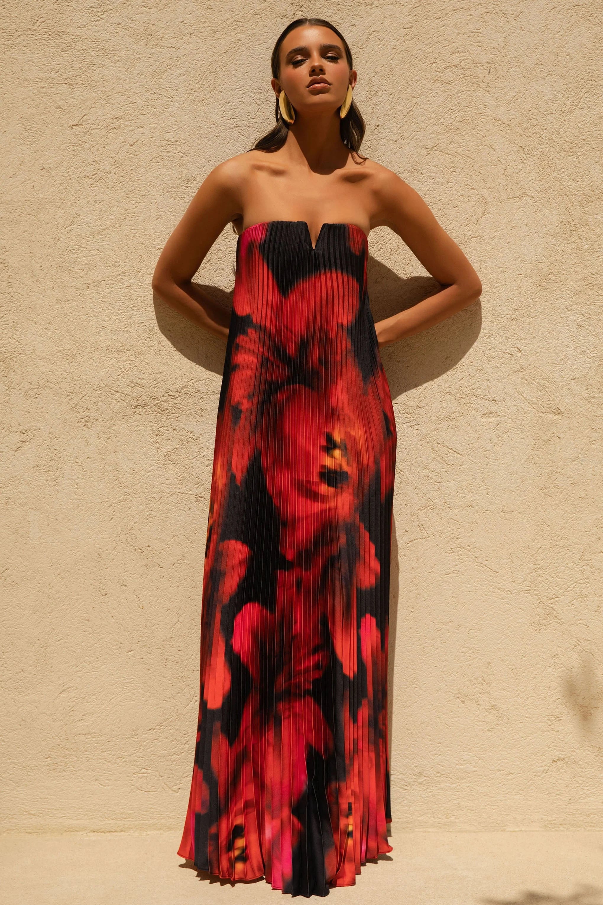 Bergamot Black And Red Floral Print Satin Sweetheart Maxi Dress