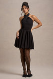 Klytie Black Halter Neck Mini Dress With Puff Ball Skirt