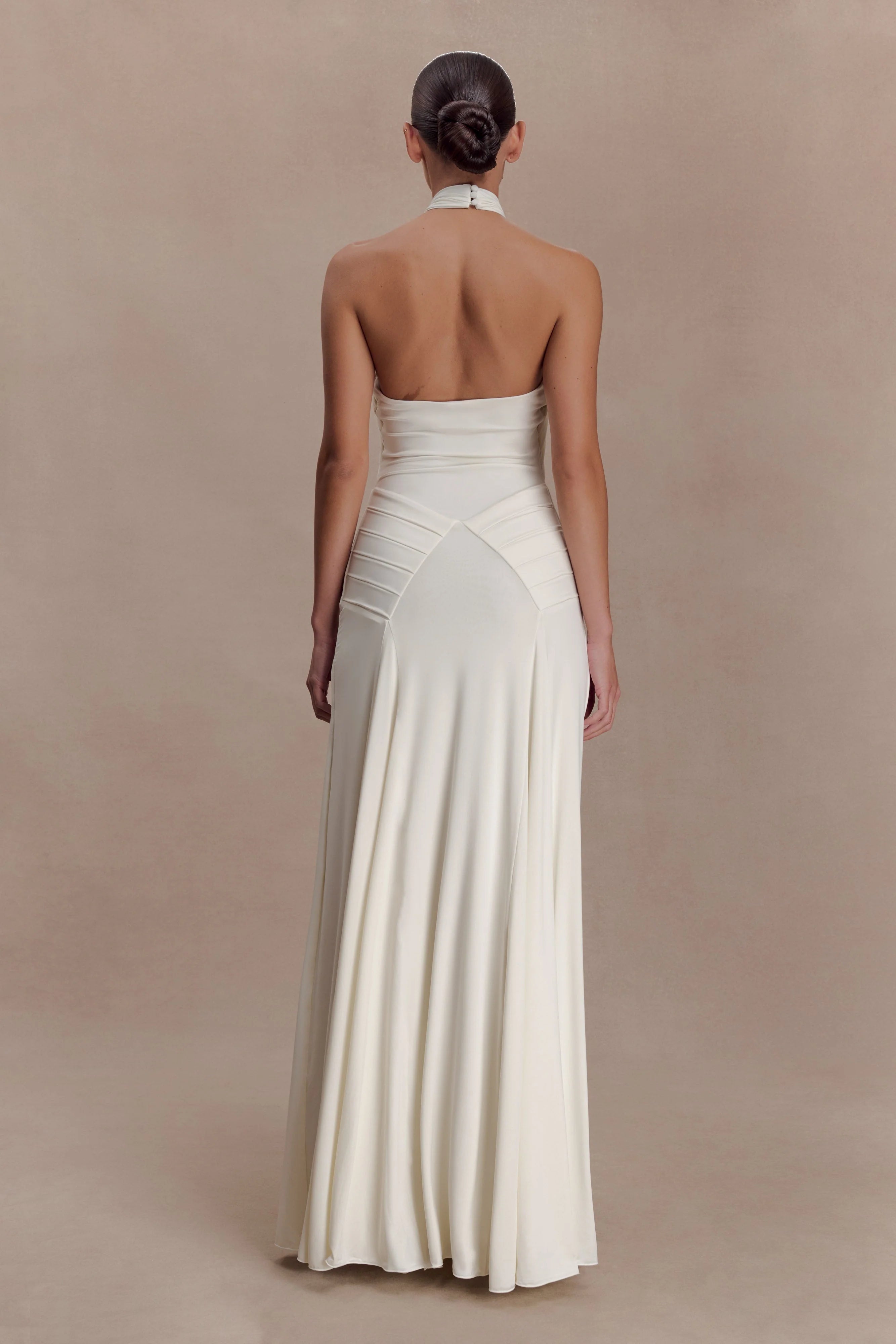 Indira Gathered Slinky Halter Maxi Dress Ivory