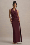 Rosina Burgundy Halter Neck Draped Maxi Dress With Sash