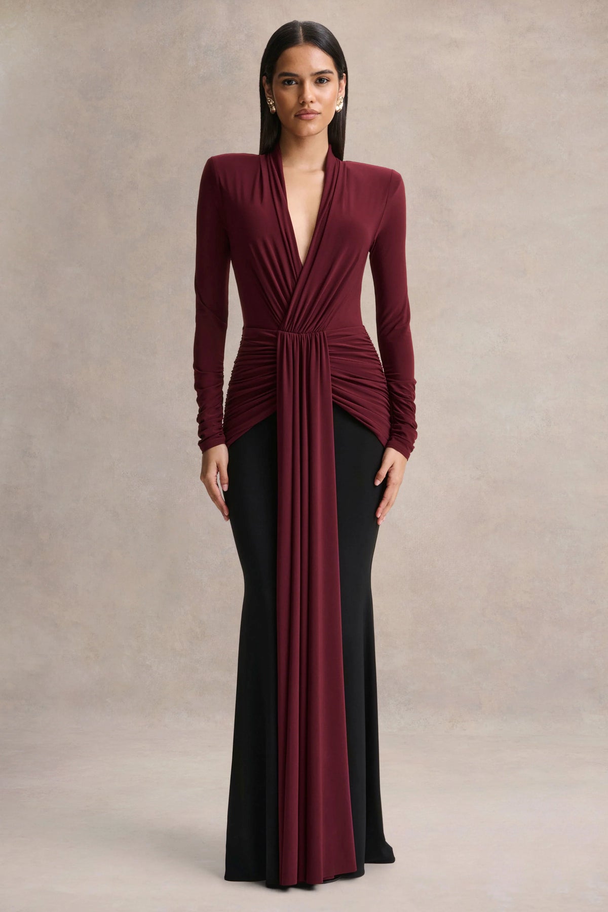 Halston Burgundy And Black Plunge Neck Maxi Dress With Gathered Detailing