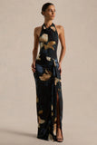 Sunflower Dark Lily Print High Neck Maxi Dress With Front High Split