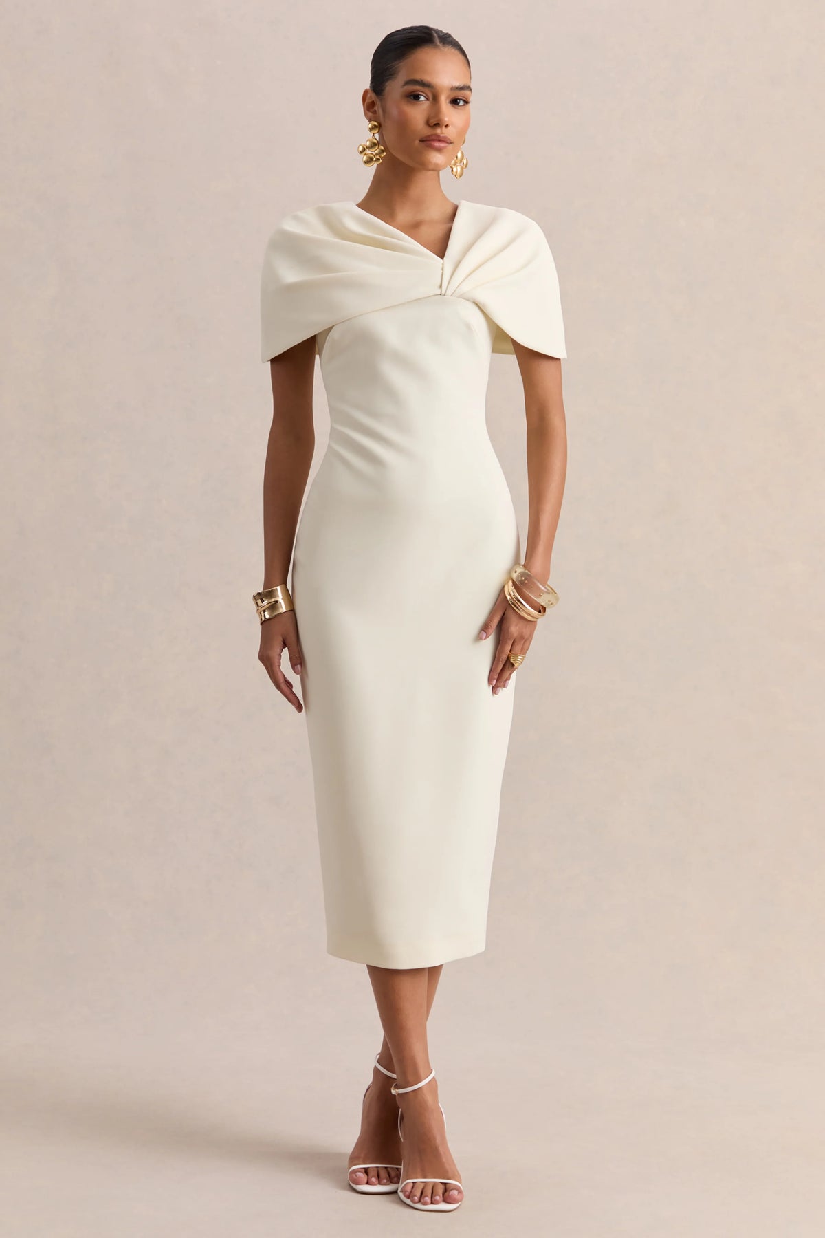 Novalie Cream V Neck Midi Dress With Twist Detail