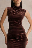 Novine Brown Velvet High Neck Midi Dress