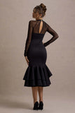 Sander Black Mesh Long Sleeve Ruffle Hem Midi Dress