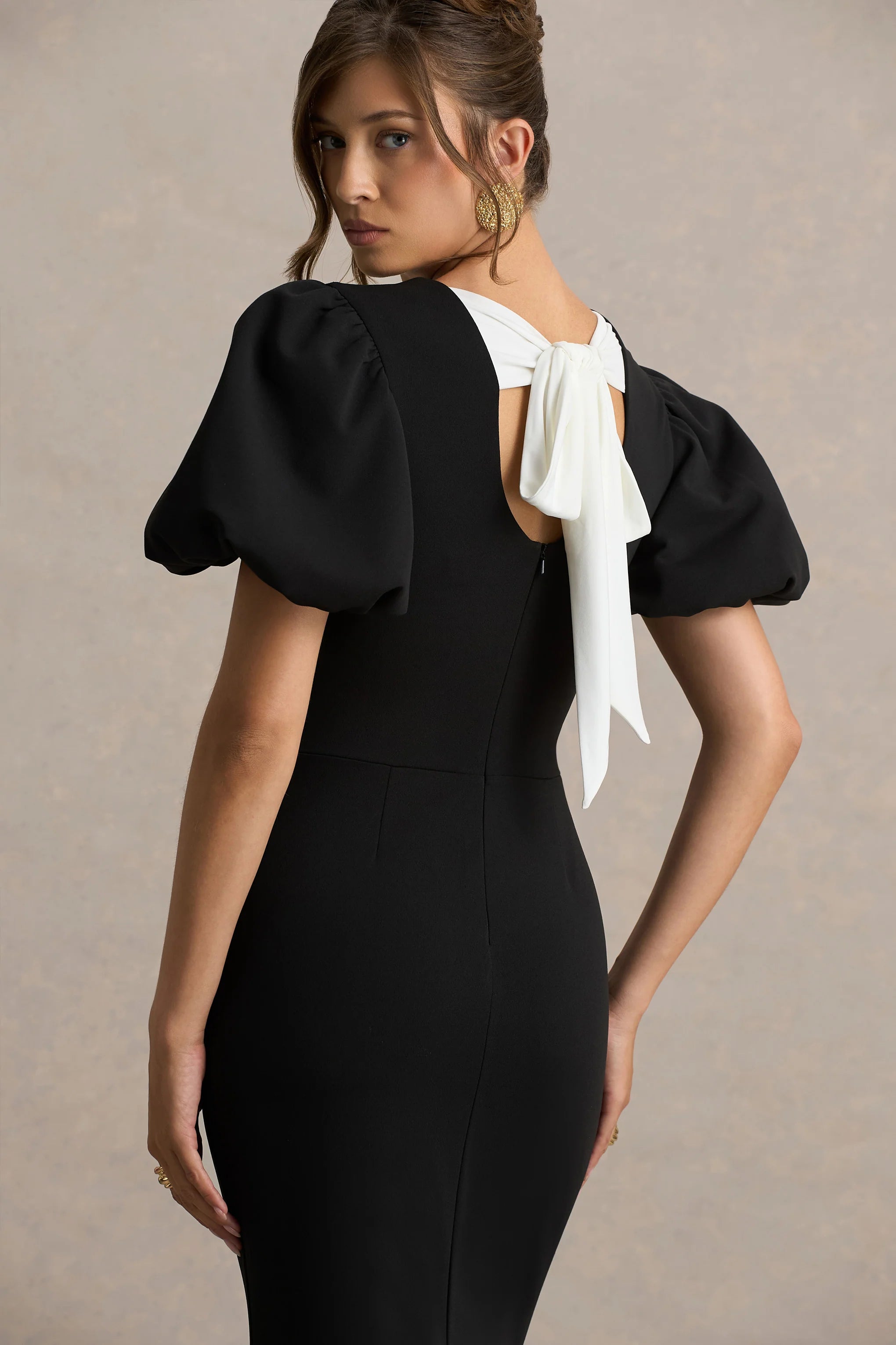 Carolina Black Puff Sleeve Maxi Dress With White Bow Detail