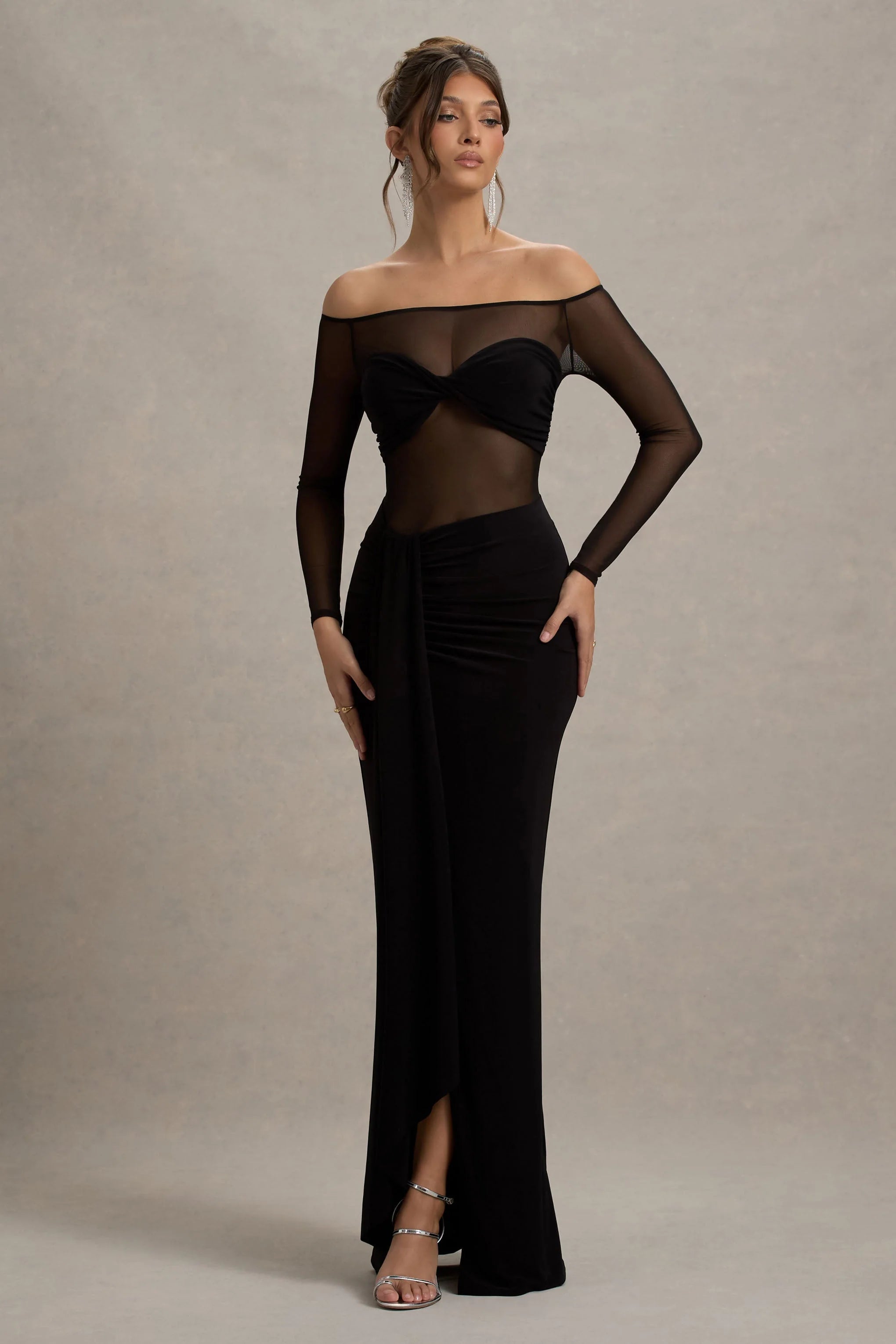 Cover Star Black Mesh Bardot Long Sleeve Draped Maxi Dress