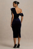 High End Navy Velvet Asymmetric Neck Midi Dress With Draped Detailing