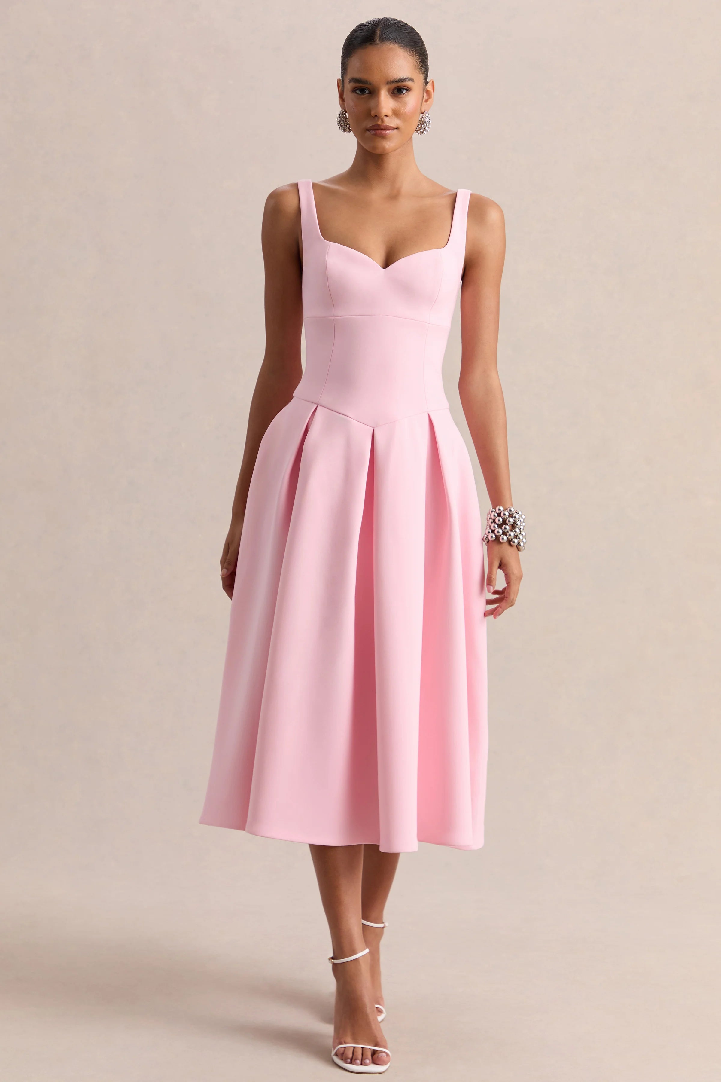 Greta Light Pink Sweetheart Neck Midi Dress