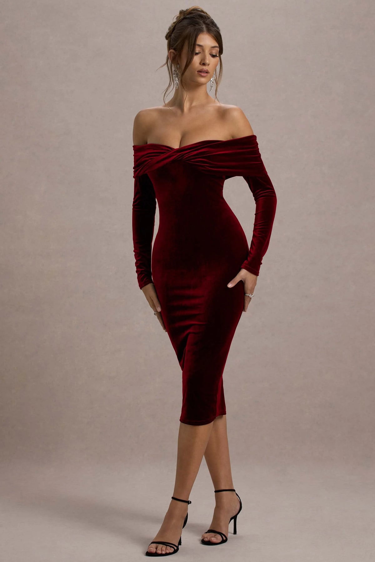 Compliment Berry Velvet Bardot Midi Dress