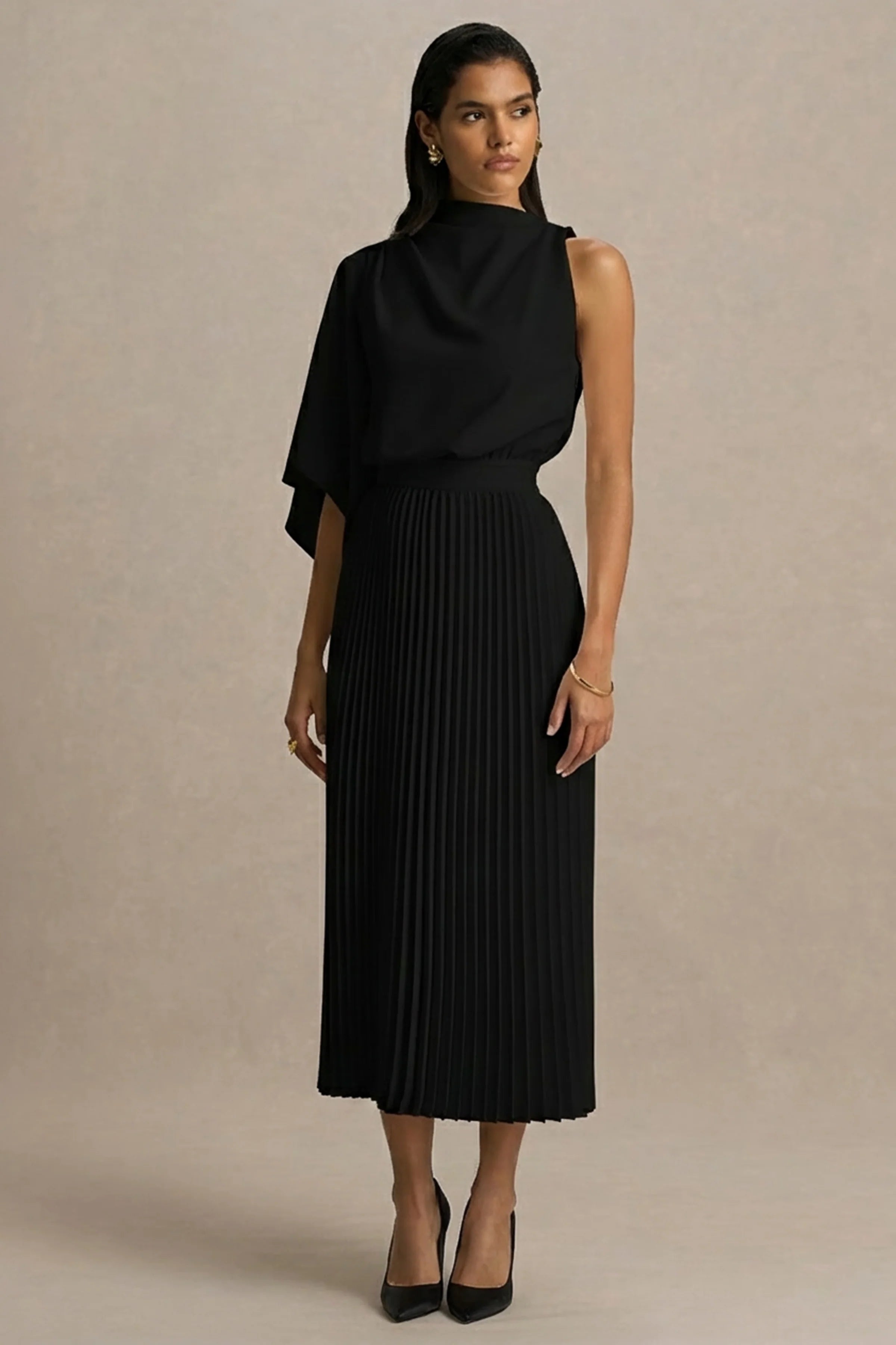 Jimena Black High Neck Midi Dress With One Long Sleeve And Pleated Detailing