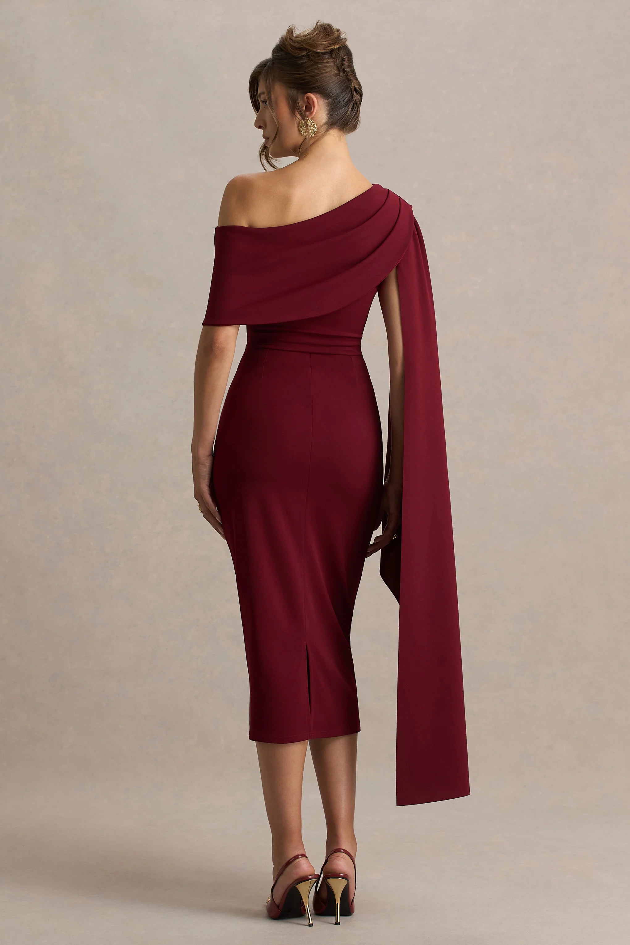 Leah Burgundy Asymmetric Neck Midi Dress With Cape Sleeve