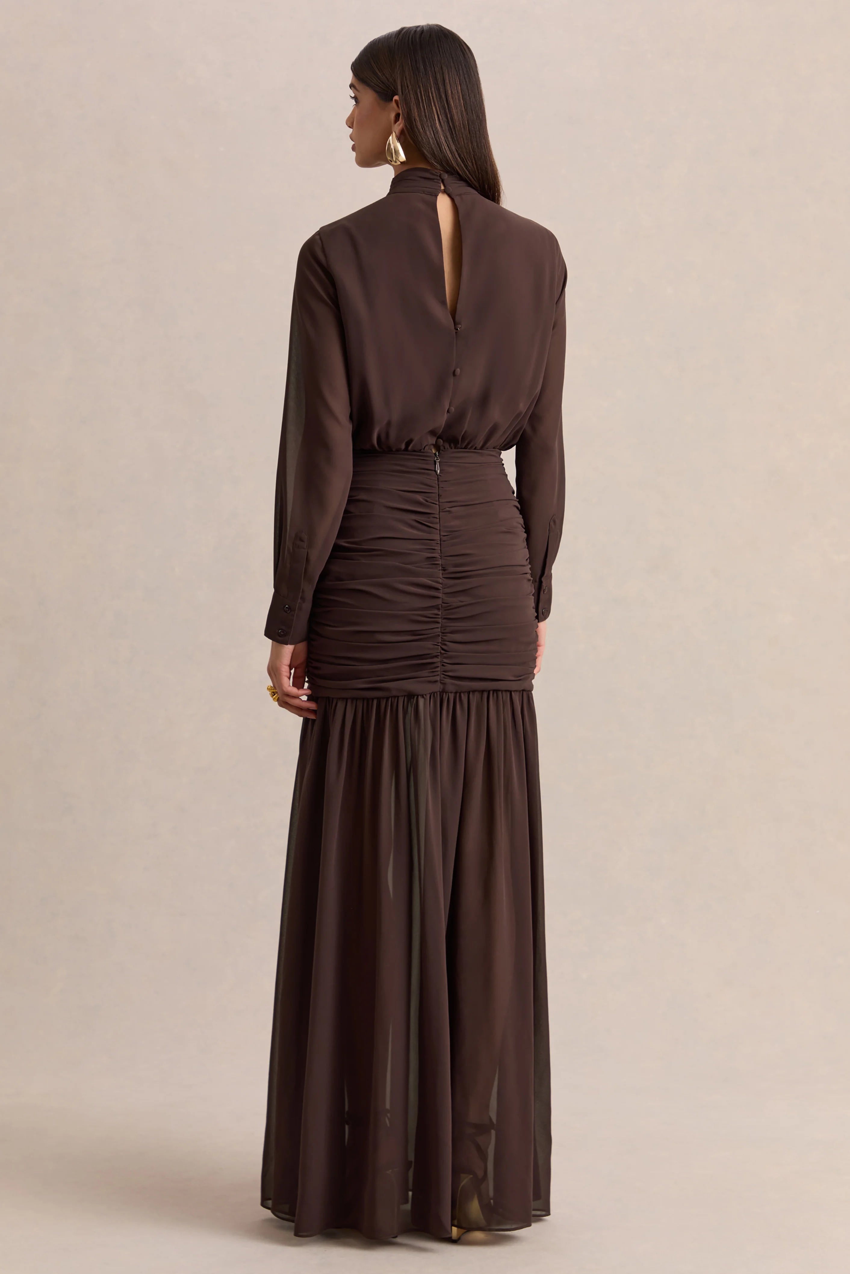 Zella Brown High Neck Maxi Dress With Sheer Skirt