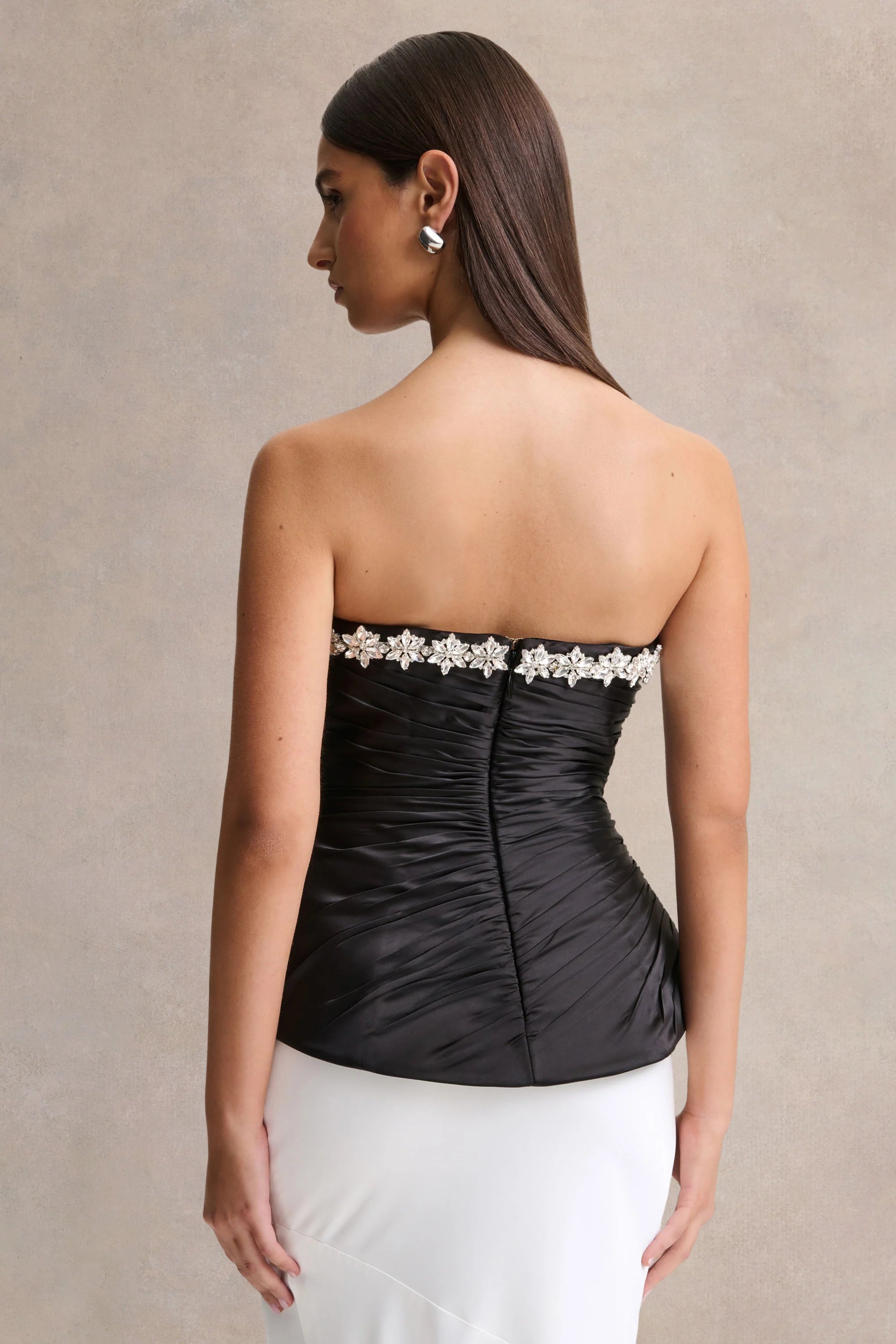 Ambria Black Satin Hand Embellished Sweetheart Neck Corset Top