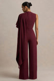 Sorenia Burgundy High Neck Jumpsuit With One Cape Sleeve