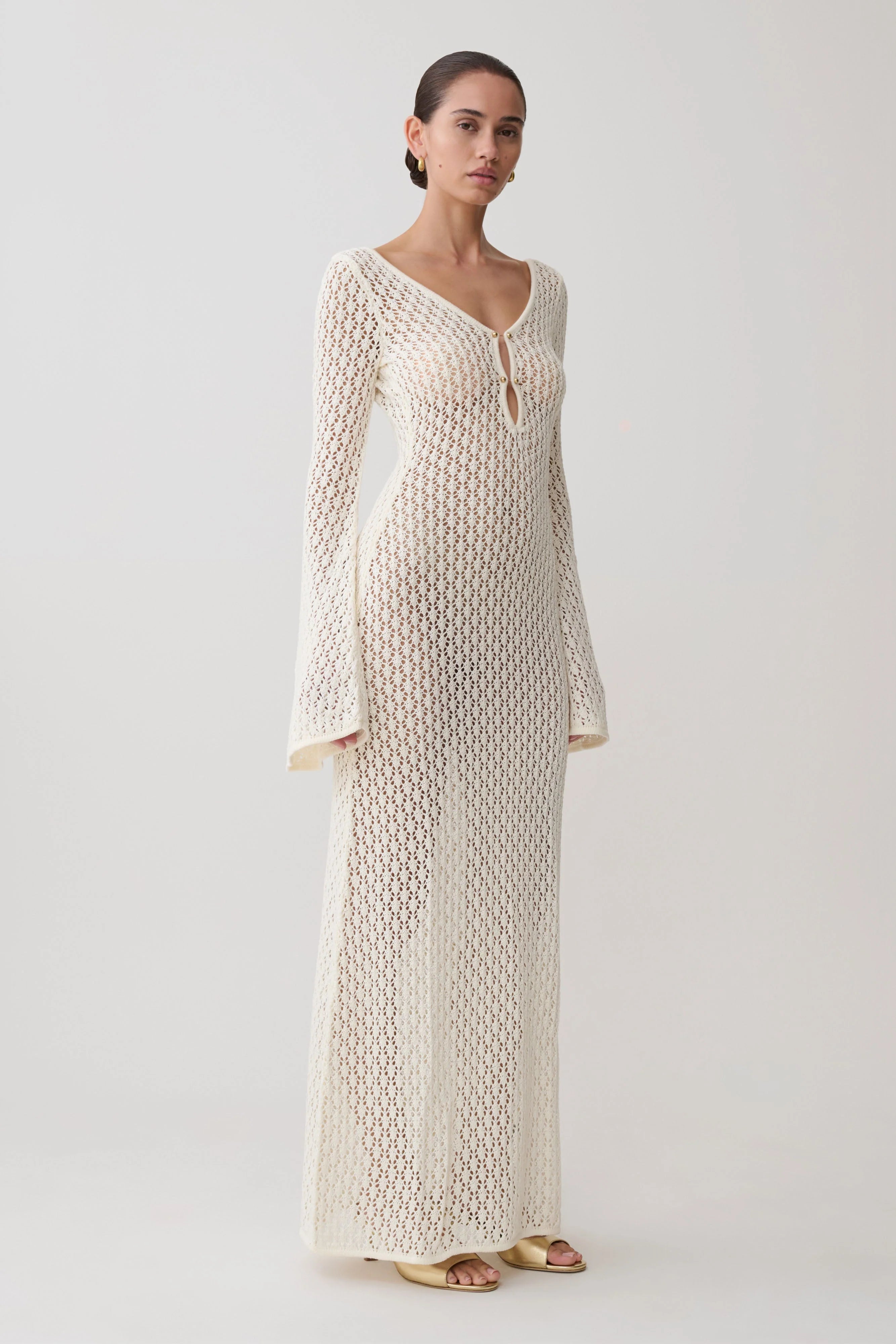Kayleigh Crochet Fishtail Flare Sleeve Maxi Dress White
