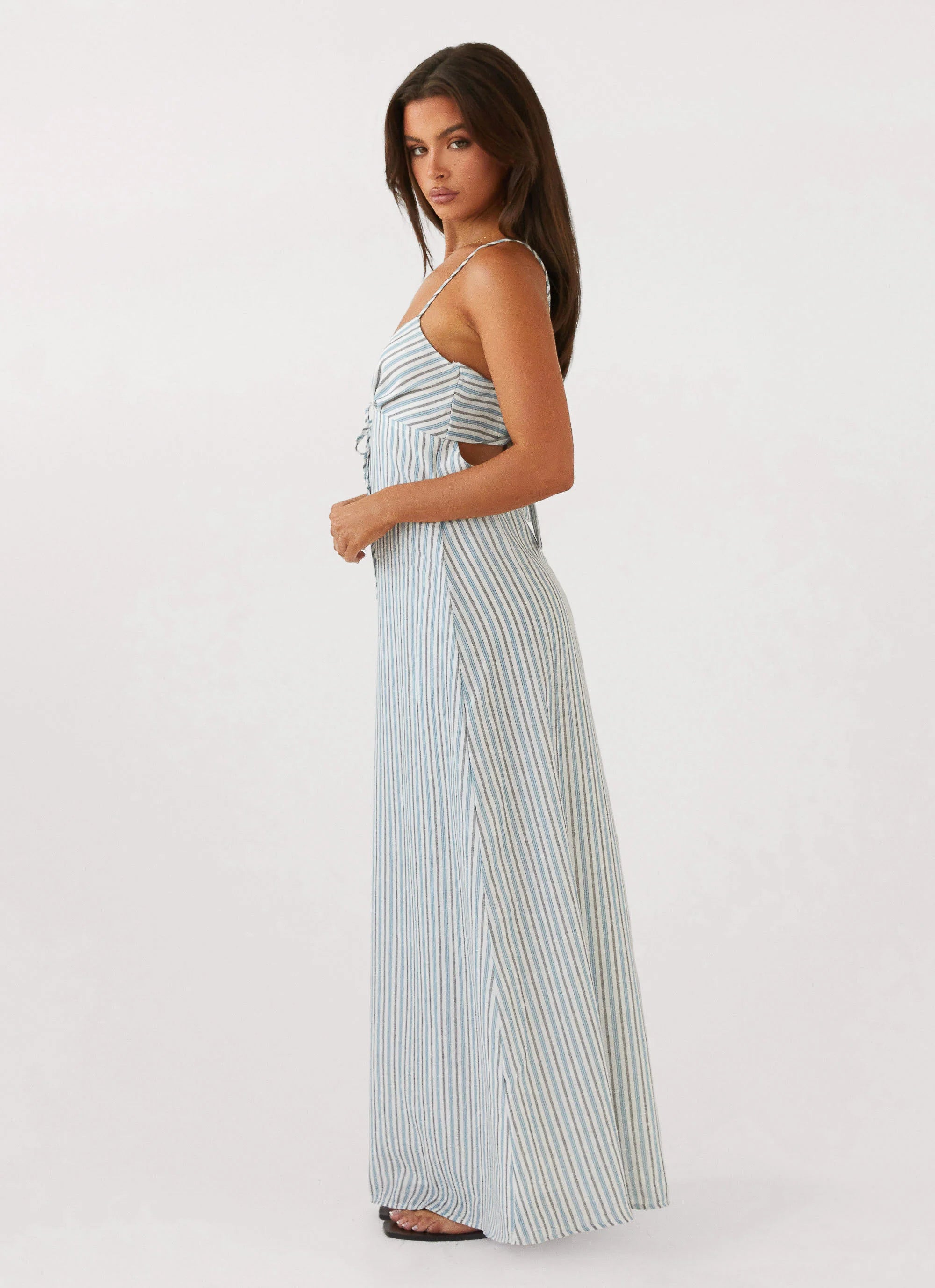 Flora Linen Maxi Dress Blue Choc Stripe