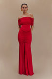Caspian Slinky And Mesh Off Shoulder Maxi Dress Ruby