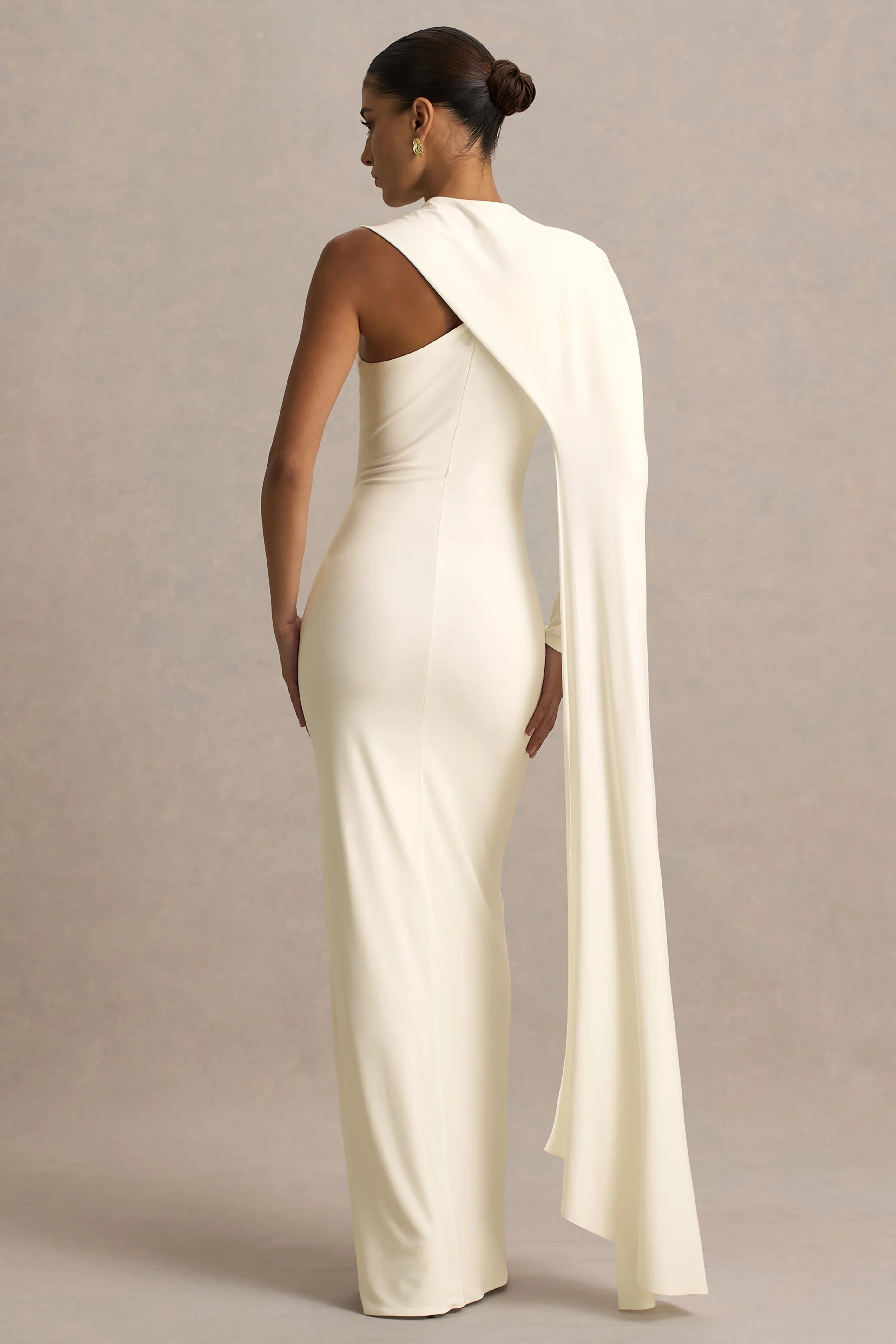 Dawn Cream High Neck Maxi Dress With One Long Cape Sleeve