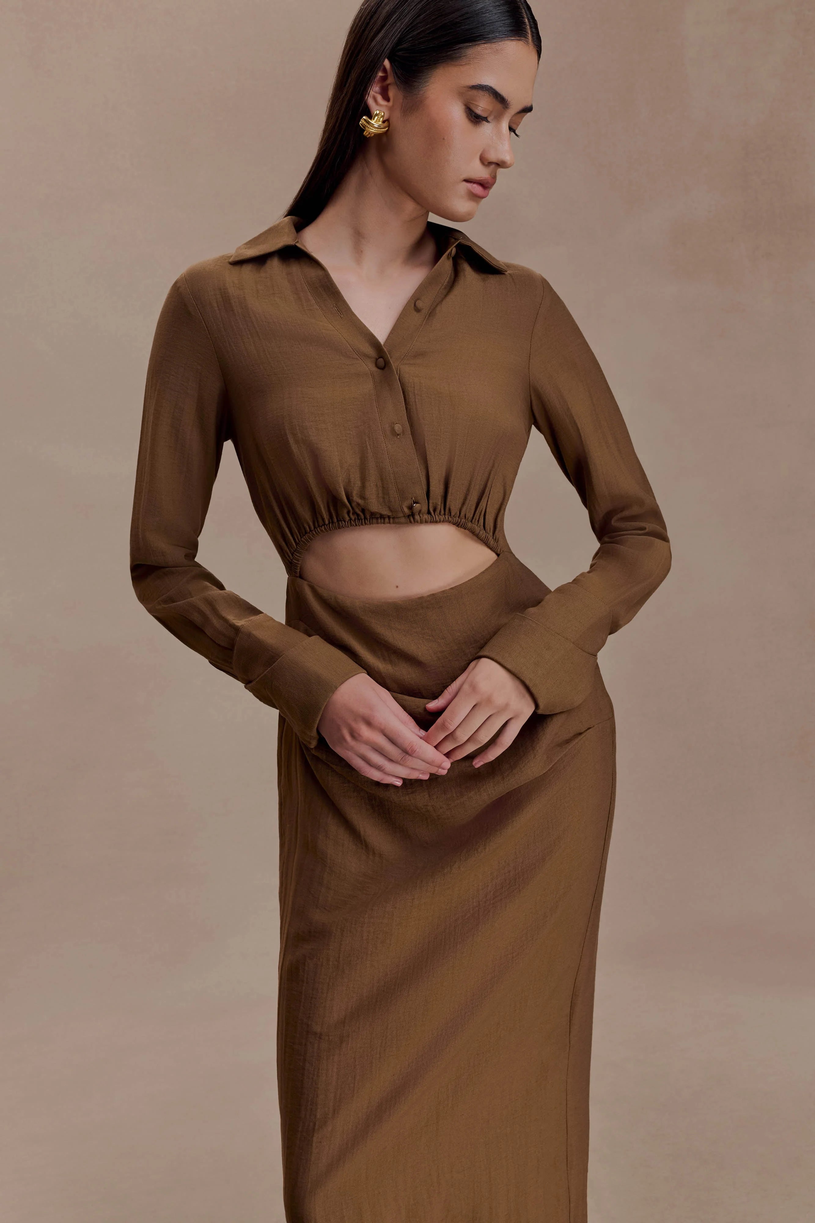 Cecilie Cut Out Shirt Midi Dress Dark Chocolate