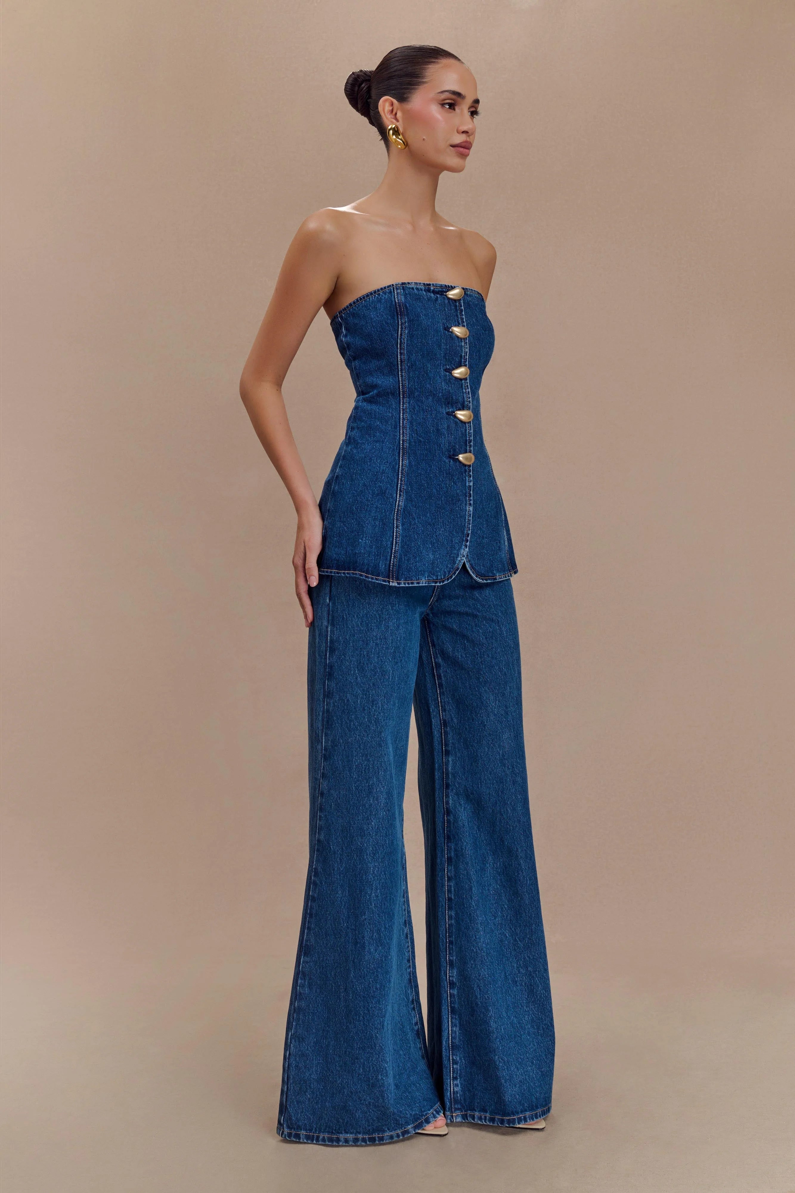 Lennox Strapless Long Line Button Top Dark Blue