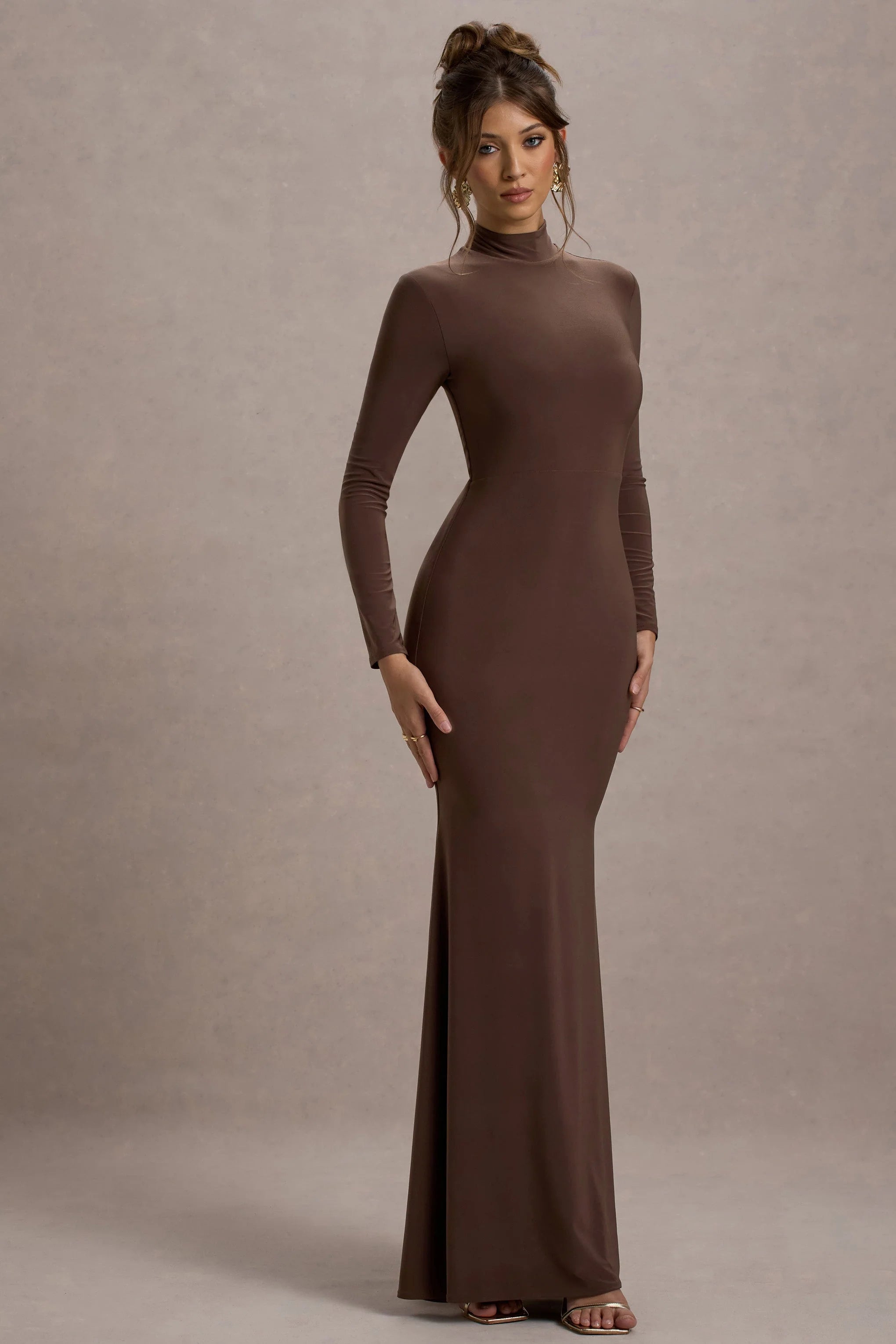 Tova Chocolate High Neck Long Sleeve Maxi Dress