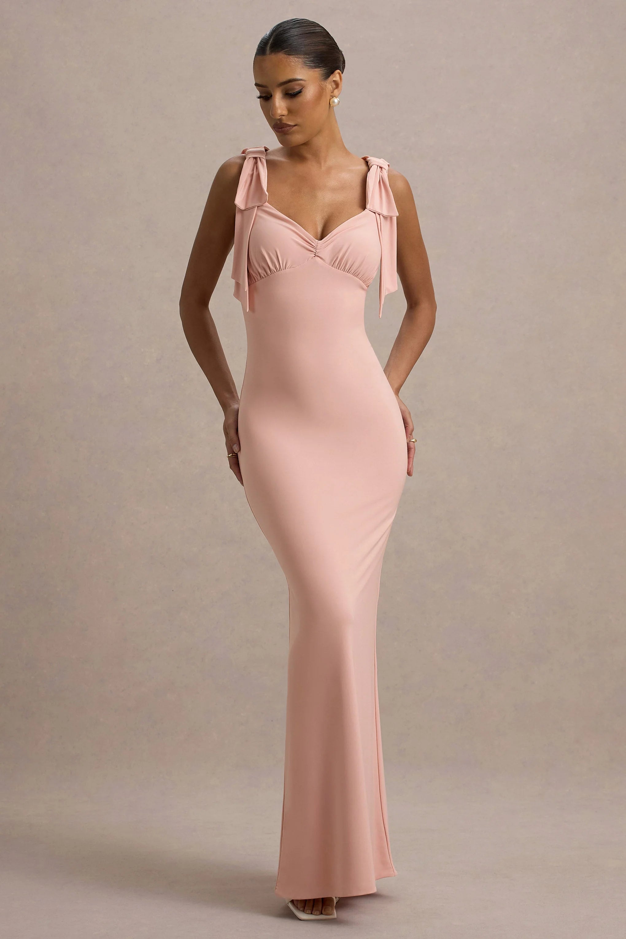 Evanna Pink V Neck Maxi Dress With Bow Straps
