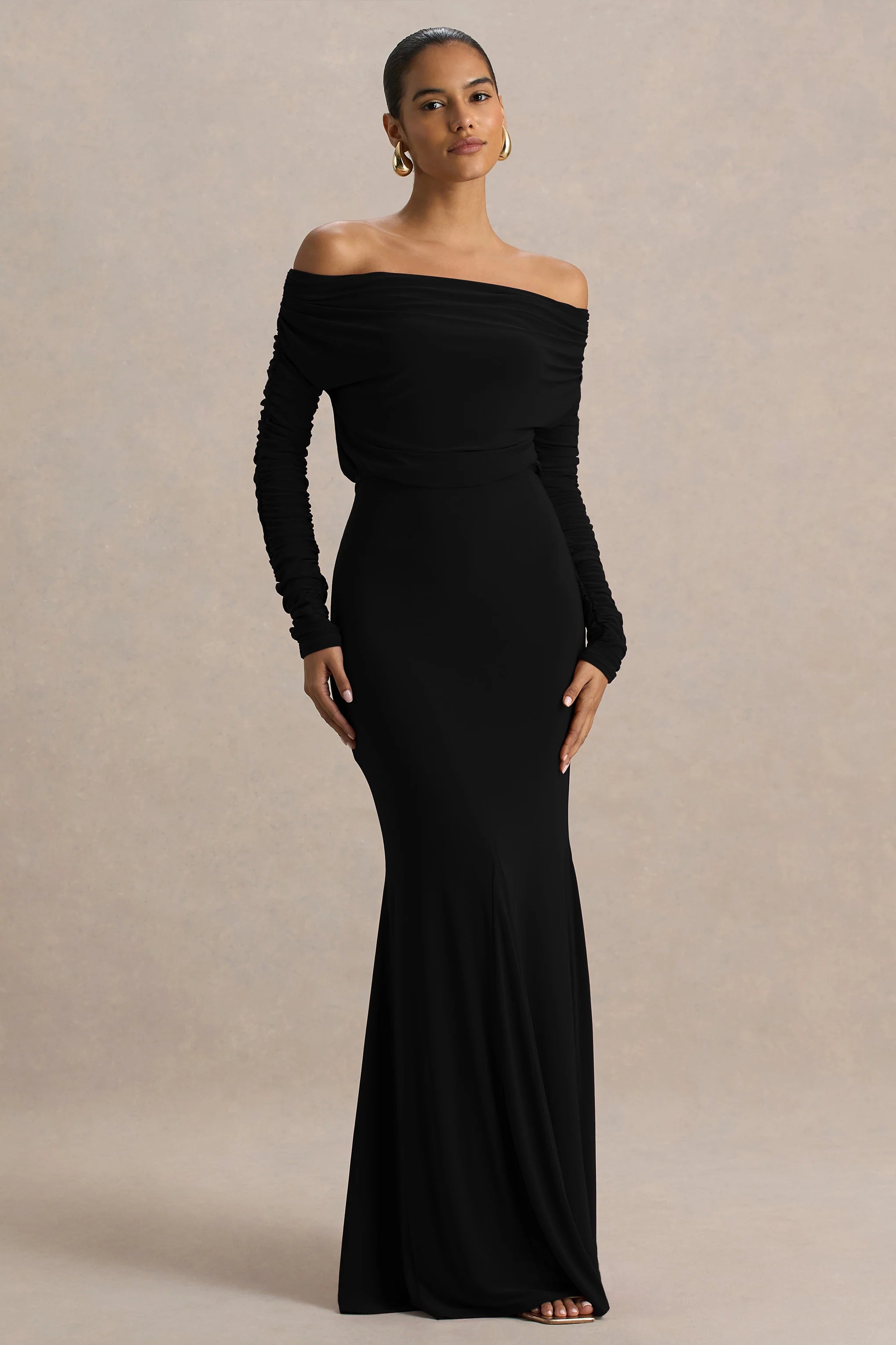Cilla Black Bardot Neck Maxi Dress With Ruched Detailing