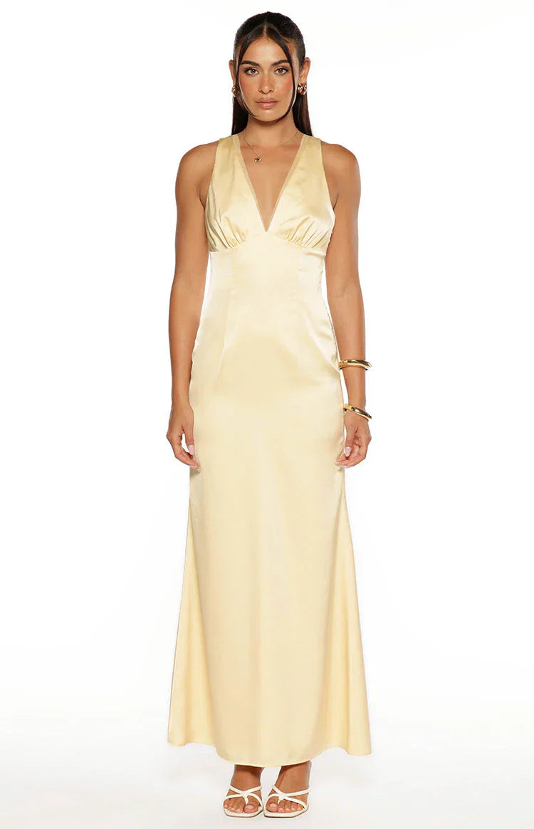 Nicolina Yellow Satin Formal Maxi Dress