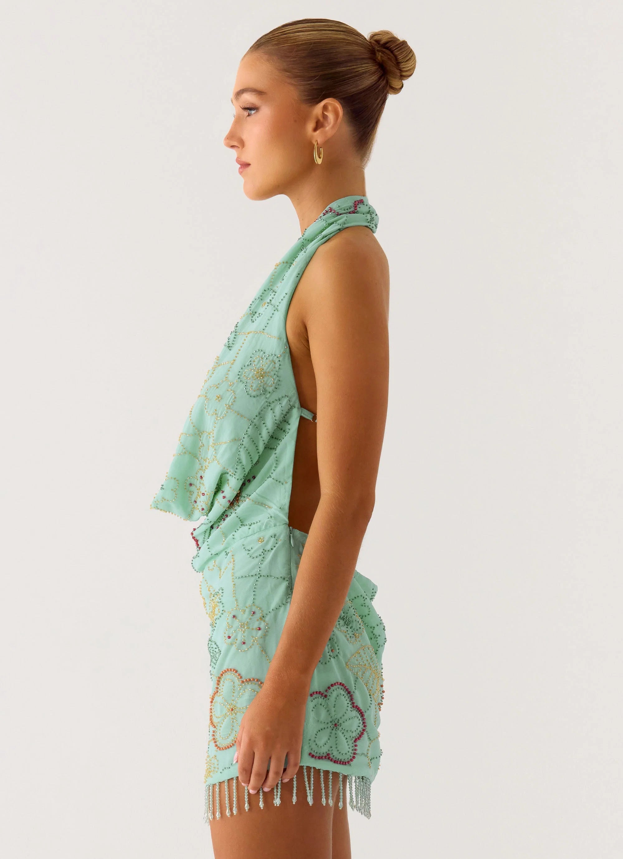 Outlaw Beaded Mini Dress Mint Aqua