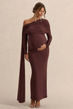 Cyra Brown Asymmetric Neck Maternity Maxi Dress With Sash