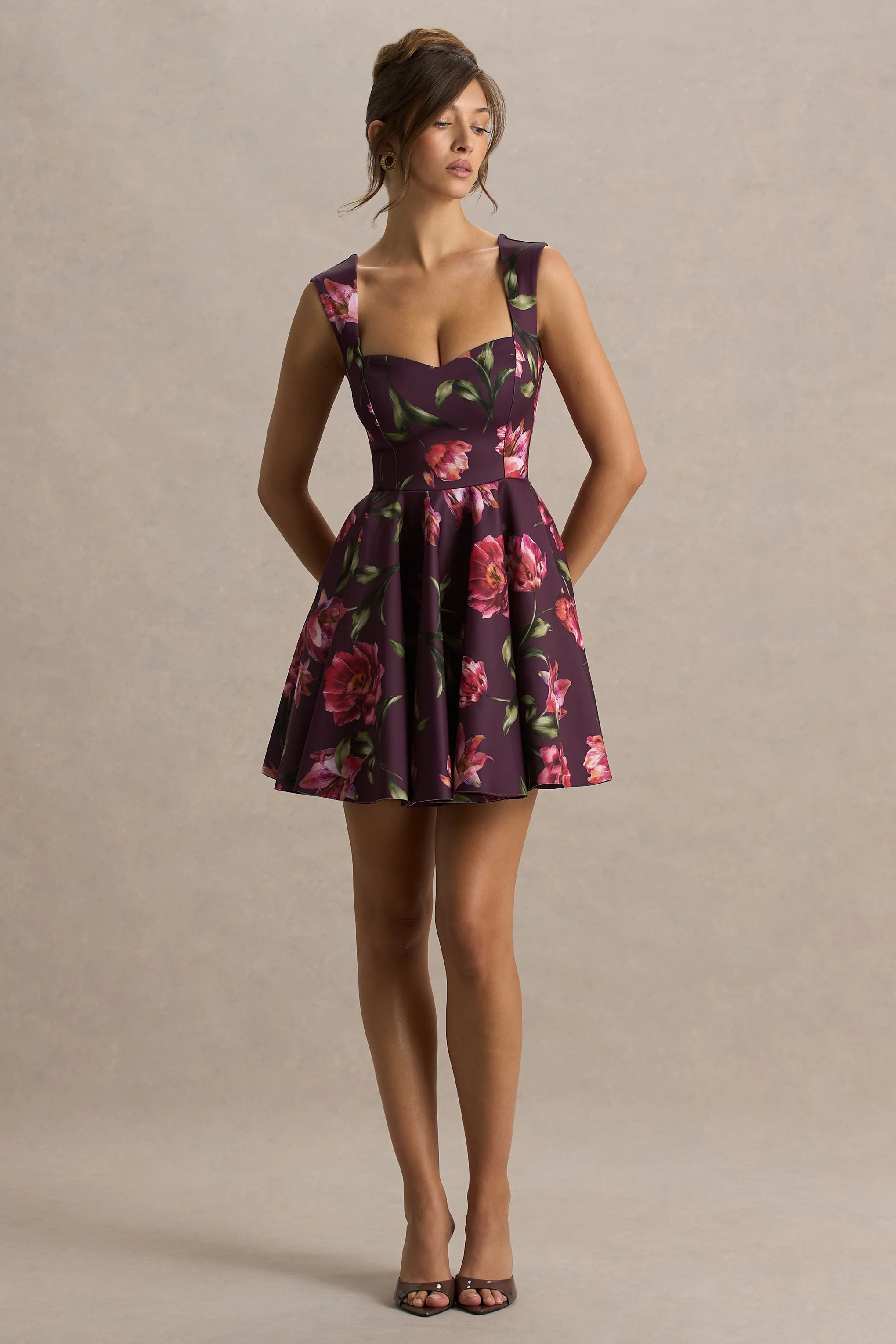 Magic Burgundy Floral Print Sweetheart Neck Mini Dress