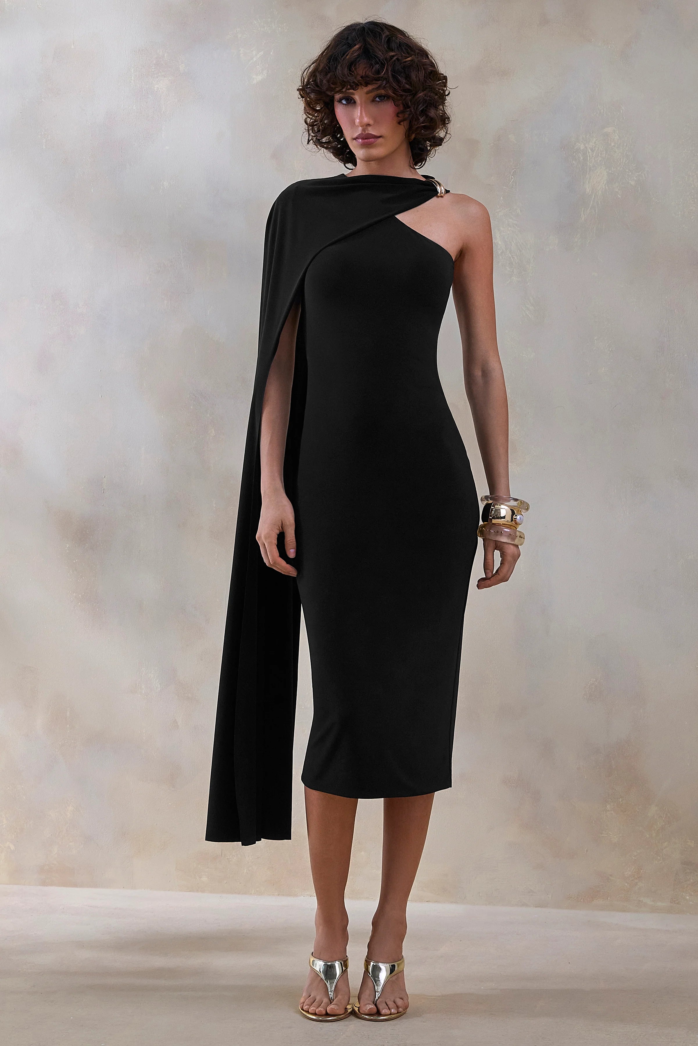 Misoria Black High Neck Midi Dress With Cape Sleeve