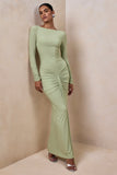 Matilda Light Green Boat Neck Maxi Dress With Ruched Detailing