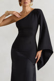 Salem Black Asymmetric Cape Sleeve Maxi Dress With Satin Skirt