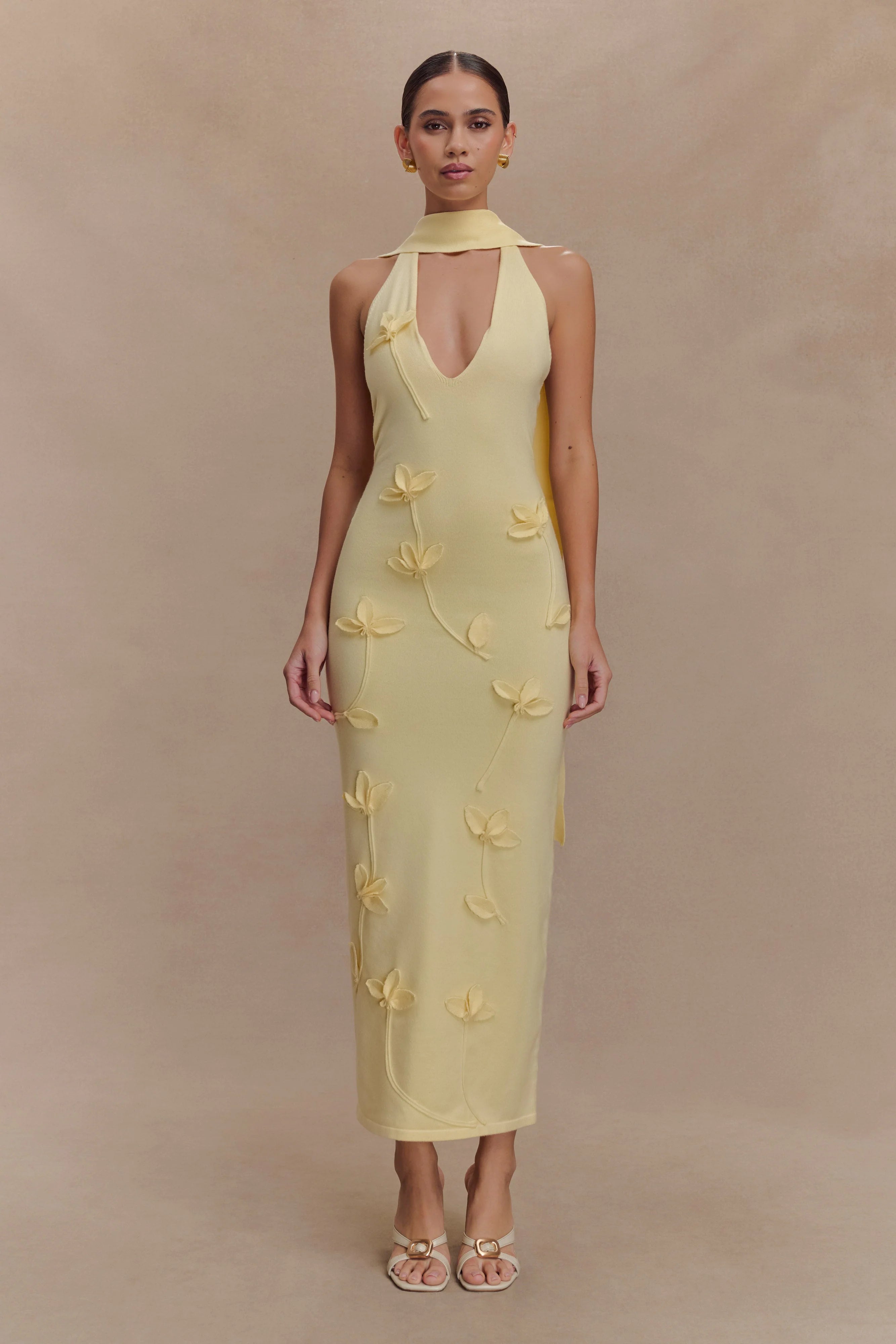 Wynn Floral Knit Midi Dress Lemon
