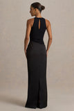 Akari Black Crew Neck Maxi Dress With Satin Skirt