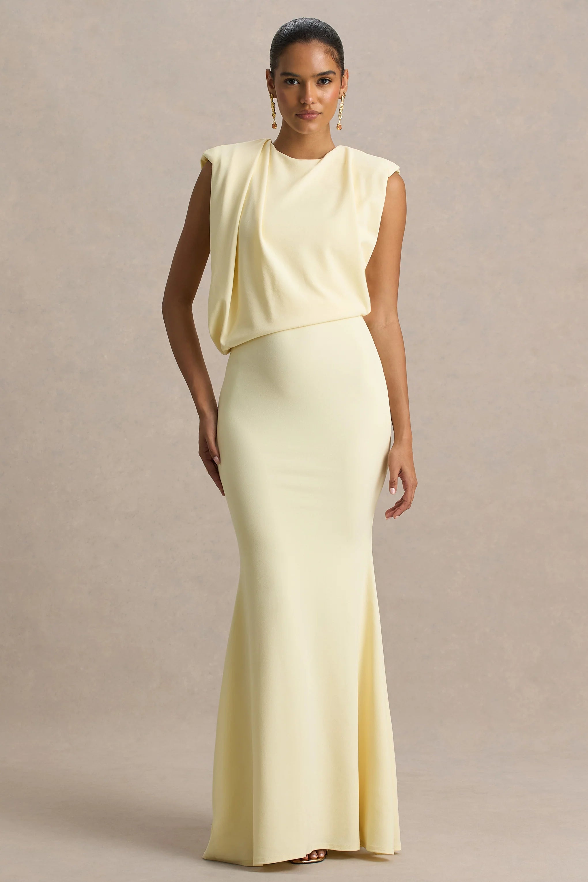 Meave Lemon Boat Neck Maxi Dress With Draped Detail