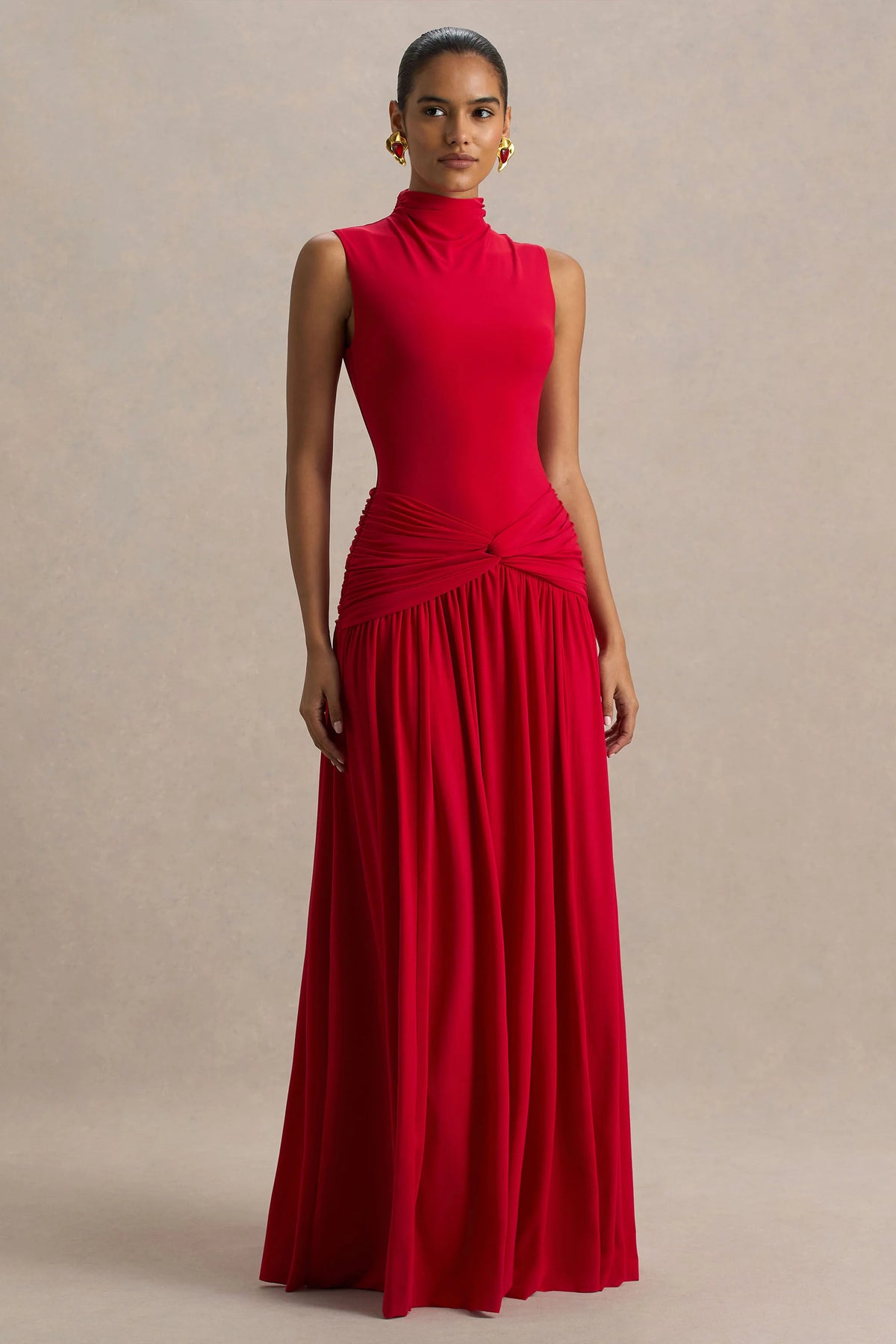 Cascade Red High Neck Maxi Dress With Twist Detail
