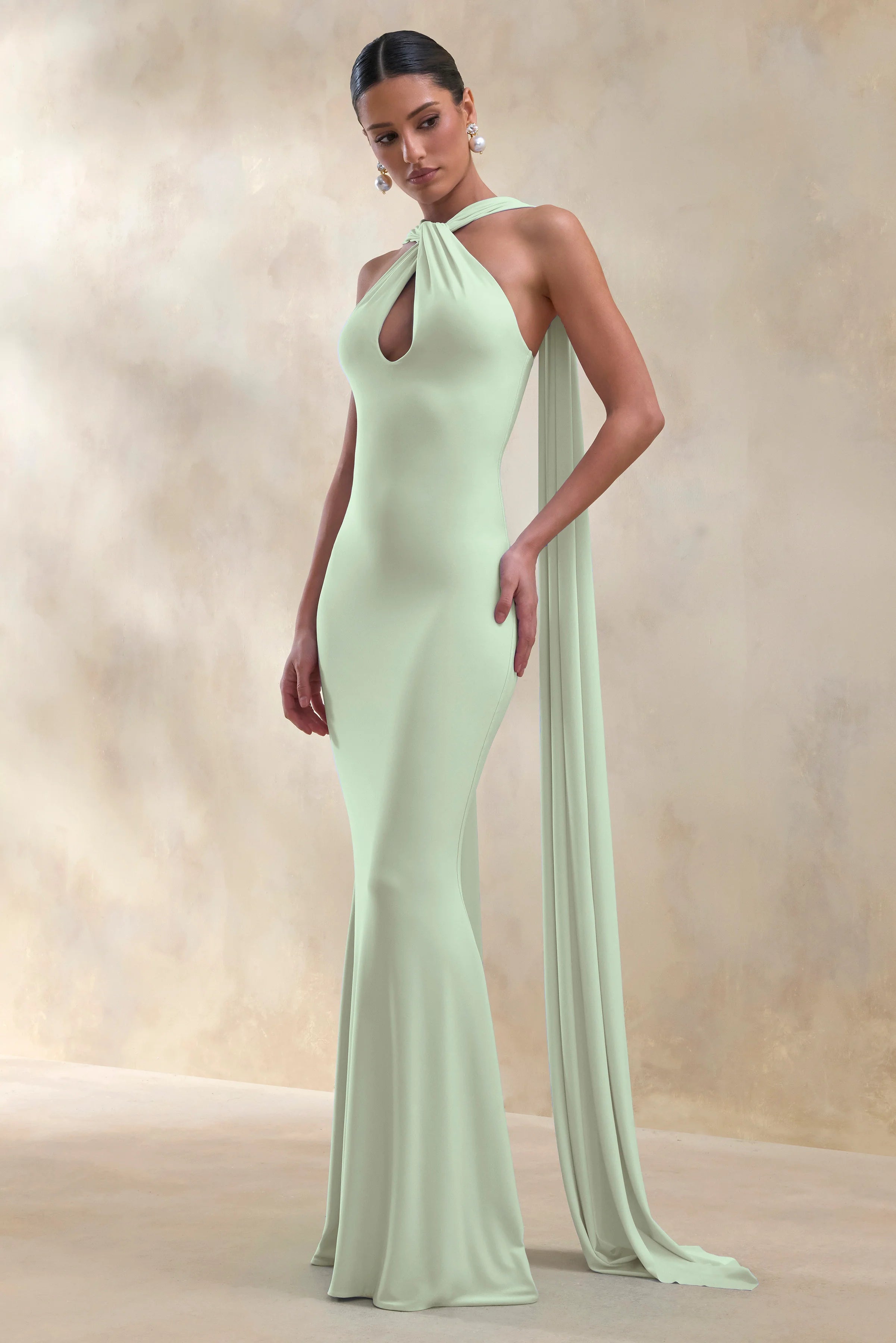 Rhoda Mint Twist Halter Neck Cape Maxi Dress