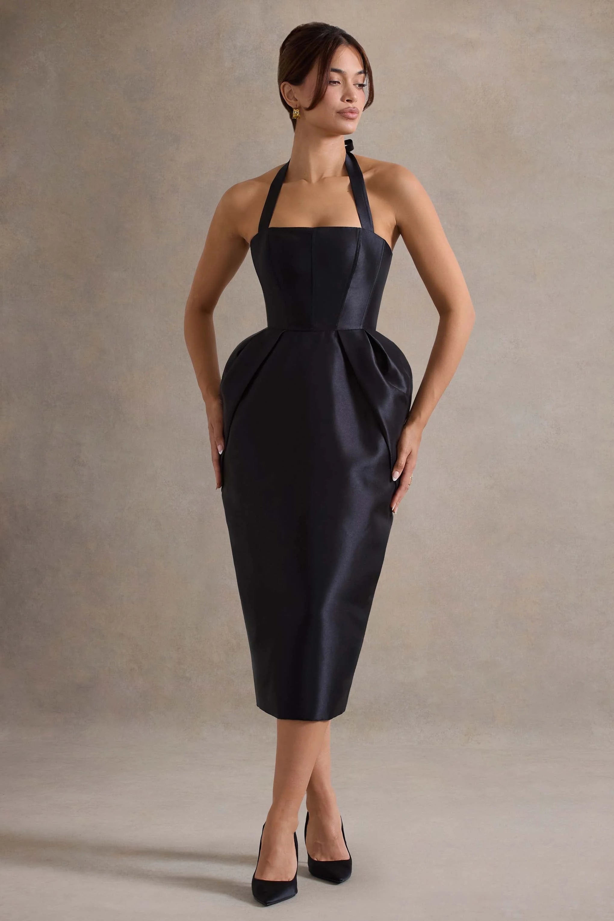 Cosetta Black Halter Neck Midi Dress With Tulip Skirt
