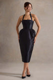 Cosetta Black Halter Neck Midi Dress With Tulip Skirt