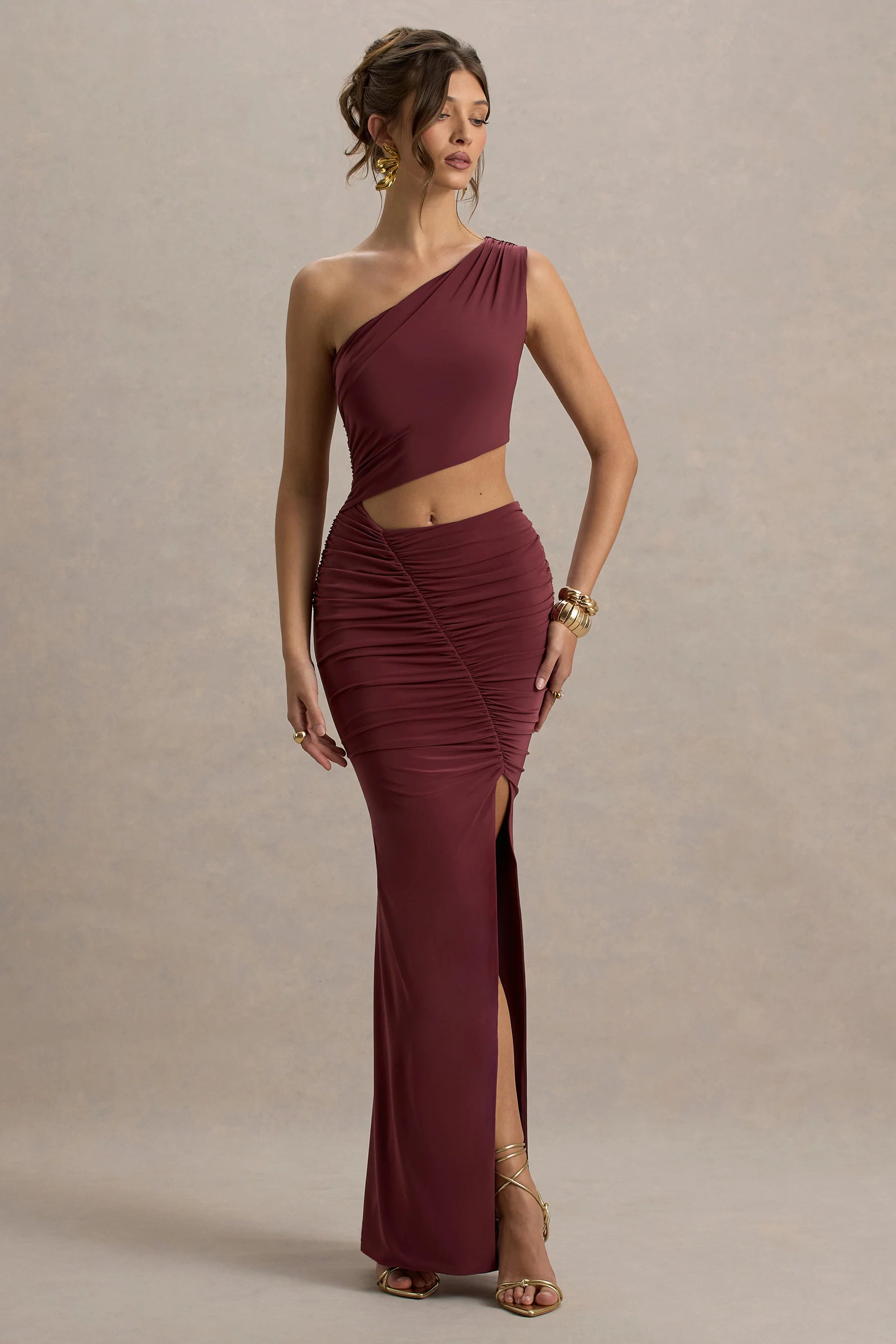 Sena Burgundy Asymmetric Maxi Dress With Cut Out Details