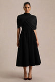 Thalia Black High Neck Midi Dress With Sheer Mesh Cape