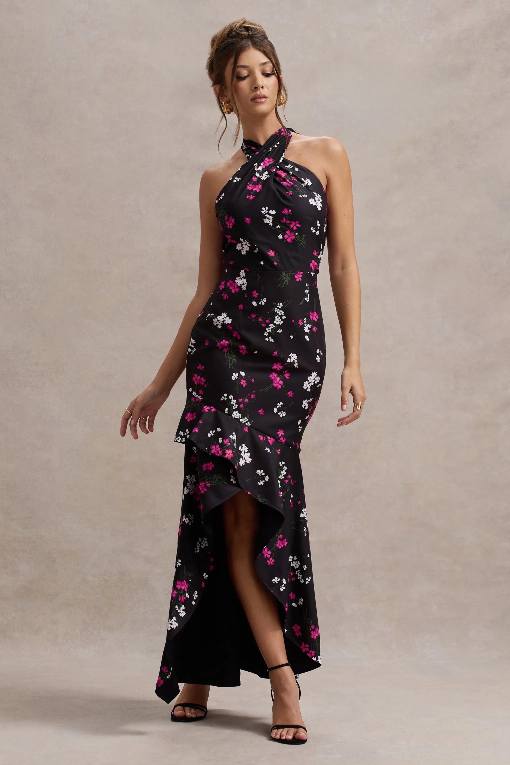 Melodia Black Ditsy Floral Print Satin Halter Neck Ruffled Maxi Dress